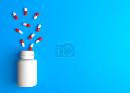 Foto de Las tabletas o analgésicos salen volando de la botella en un fondo médico con el concepto de farmacia y explosión. Mínima idea creativa. Ilustración de representación 3D - Imagen libre de derechos