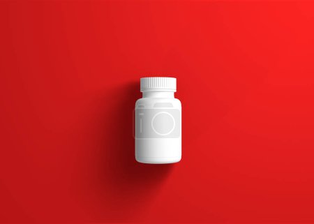 Foto de Frasco de pastillas sobre fondo rojo. Mínima idea creativa. Ilustración de representación 3D - Imagen libre de derechos
