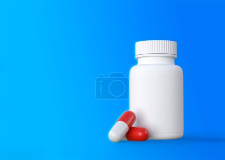 Téléchargez les photos : Comprimés rouge-blanc avec flacon pharmacie sur fond bleu, traitement médical, concept pharmaceutique ou médicamenteux. Illustration de rendu 3D - en image libre de droit