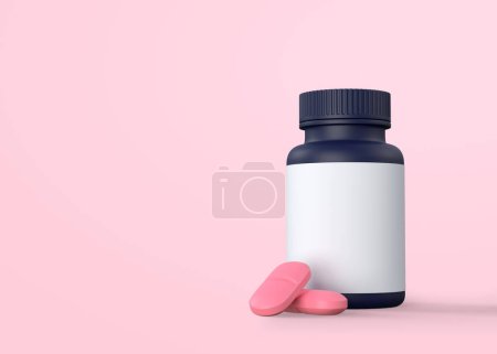 Téléchargez les photos : Pilules et bouteille de pilule sur fond rose avec espace de copie. Les concepts de médecine. Concept abstrait minimaliste. Illustration de rendu 3d - en image libre de droit