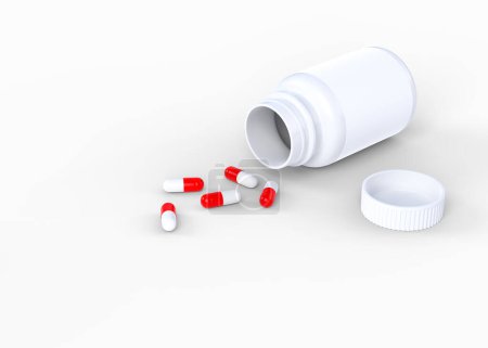 Téléchargez les photos : Pilules dispersées dans une bouteille de pharmacie isolée sur fond blanc. Illustration de rendu 3D - en image libre de droit