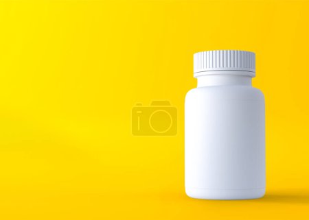 Photo for Pills bottle on yellow background. Minimal creative idea. 3D rendering illustration - Royalty Free Image