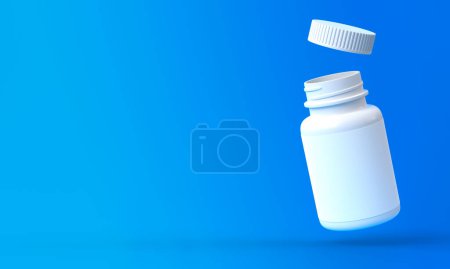 Photo for Flying pills bottle on blue background. Minimal creative idea. 3D rendering illustration - Royalty Free Image