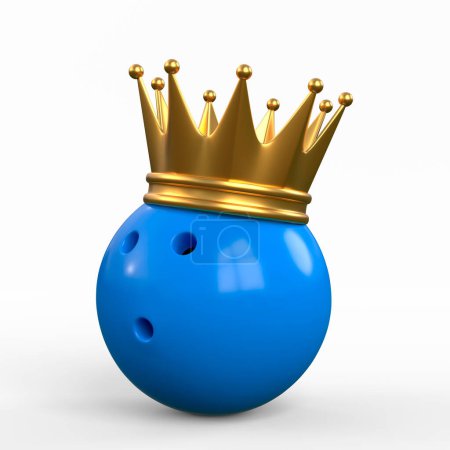 Foto de Bola de bolos azul coronada con una corona de oro aislada sobre fondo blanco. Ilustración de representación 3D - Imagen libre de derechos