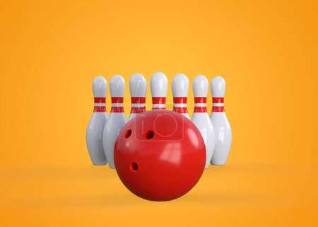 Téléchargez les photos : Épingles de bowling blanches en forme de triangle et boule de bowling sur fond jaune. Vue de face. Concept minimal créatif. Illustration de rendu 3d - en image libre de droit