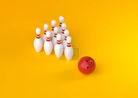 Téléchargez les photos : Épingles de bowling blanches en forme de triangle et boule de bowling sur fond jaune. vue orthographique. Concept minimal créatif. Illustration de rendu 3d - en image libre de droit