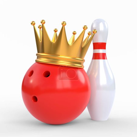 Téléchargez les photos : Esquisses et boule de bowling rouge couronnée d'une couronne dorée isolée sur fond blanc. Illustration de rendu 3D - en image libre de droit