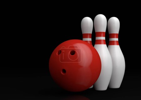 Téléchargez les photos : Boule de bowling rouge et des quilles blanches isolées sur fond noir. Jeu réaliste. Illustration de rendu 3D - en image libre de droit