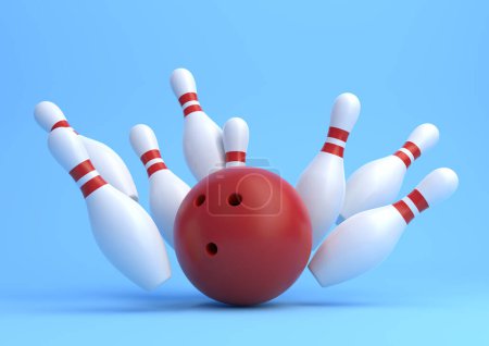 Téléchargez les photos : Boule de bowling rouge et des quilles blanches dispersées isolées sur fond bleu. Jeu réaliste. Illustration de rendu 3D - en image libre de droit