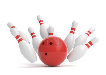 Téléchargez les photos : Boule de bowling rouge et esquisses blanches dispersées isolées sur fond blanc. Jeu réaliste. Illustration de rendu 3D - en image libre de droit