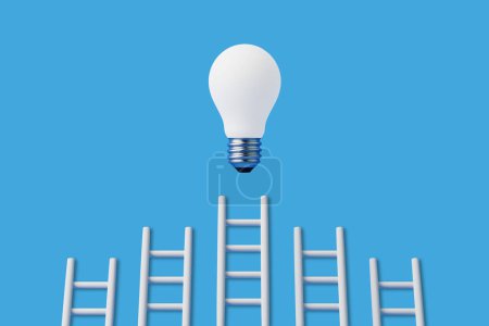 Photo for Stairs reach a light bulb representing an idea or business on a blue background. 3d rendering illustration - Royalty Free Image