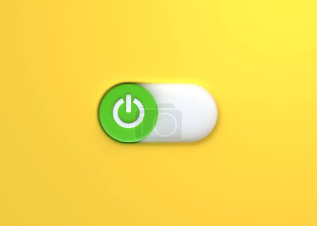 Téléchargez les photos : Allumer, bouton d'alimentation ou icône de bouton ouvert sur un fond jaune. Illustration de rendu 3D - en image libre de droit