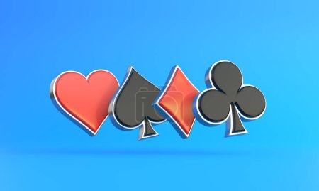 Foto de Ases jugando a los palos de símbolos de cartas, diamantes, picas y corazones con colores rojos y negros aislados en el fondo azul. ilustración de renderizado 3d - Imagen libre de derechos