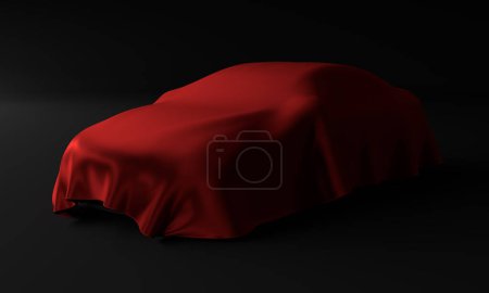 Photo for Car covered with a red cloth isolated on a black background. 3D rendering illistration - Royalty Free Image