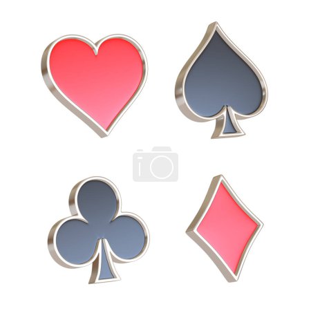 Téléchargez les photos : Aces cartes à jouer clubs symboles, diamants, pique et les cœurs avec des couleurs rouges et noires isolées sur le fond blanc. Illustration de rendu 3D - en image libre de droit