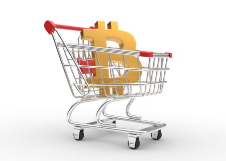 Photo for Golden bitcoin sign in shopping cart isolated on white background. Currency in the trolley. 3D rendering illustration - Royalty Free Image