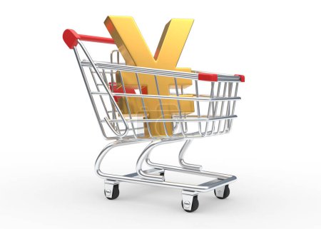 Photo for Golden yen sign in shopping cart isolated on white background. Currency in the trolley. 3D rendering illustration - Royalty Free Image