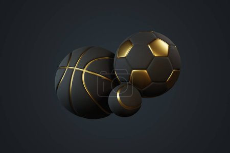 Foto de Baloncesto, pelota de fútbol y pelota de tenis sobre un fondo oscuro. Ilustración de representación 3d - Imagen libre de derechos