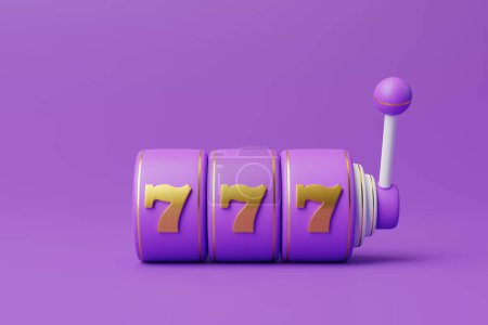 Photo for Purple slot machine with three golden sevens on violet background. Front view. 3d rendering illustration - Royalty Free Image