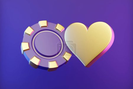 Photo for Poker chip and heart symbol on bright, violet, neon background. 3d rendering illustration - Royalty Free Image