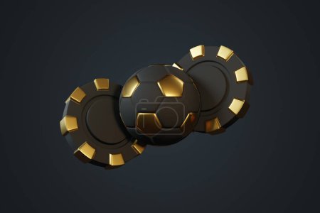 Photo for Poker chip and soccer balls on a dark background. 3d rendering illustration - Royalty Free Image