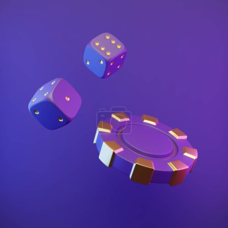 Photo for Flying casino chip and dices on bright, violet, neon background. 3d rendering illustration - Royalty Free Image