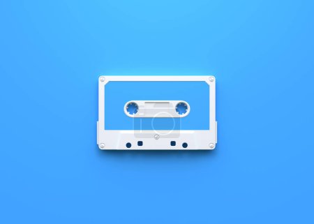 Téléchargez les photos : Cassette audio vintage sur fond bleu. Vue supérieure avec espace de copie. Illustration de rendu 3d - en image libre de droit