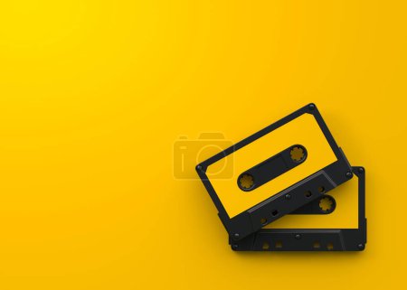 Photo for Two vintage audio tape cassettes on a yellow background. Top view with copy space. 3d rendering illustration - Royalty Free Image