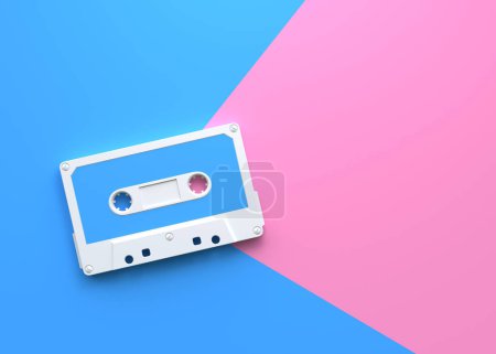 Téléchargez les photos : Cassette audio vintage sur fond bleu-rose. Vue supérieure avec espace de copie. Illustration de rendu 3d - en image libre de droit