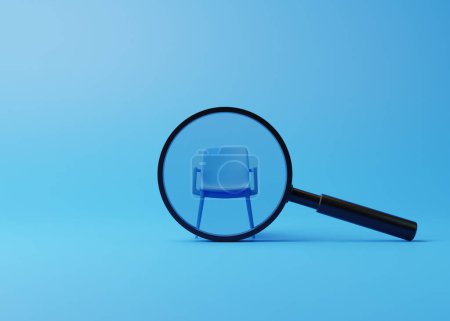 Photo for Office chair with magnifying glass on a blue room. Recruitment concept. Searching for a new job opportunity. 3D Render 3D Illustration - Royalty Free Image