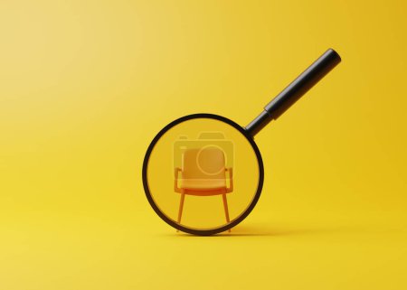 Téléchargez les photos : Chaise de bureau avec loupe sur une chambre jaune. Concept de recrutement. À la recherche d'une nouvelle opportunité d'emploi. Illustration 3D Render - en image libre de droit