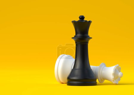 Téléchargez les photos : Pièce d'échecs reine noire et blanche isolée sur fond jaune pastel. Figurine de jeu d'échecs. Pièces d'échecs. Jeux de société. Jeux de stratégie. Concept minimal créatif. Illustration 3d, rendu 3d - en image libre de droit