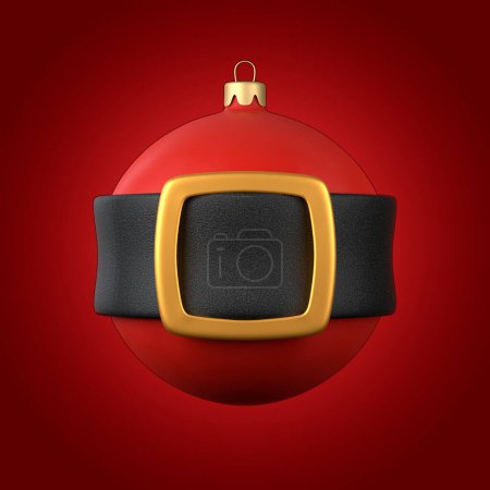 Foto de Bola roja de Navidad con cinturón de Santa sobre fondo rojo para espacio de copia.Idea de concepto mínimo de Navidad. Ilustración de representación 3d - Imagen libre de derechos