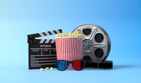 Popcorn, 3D glasses, disposable cups of red cola, film reel and clapboard on a blue background. Minimalist creative concept. Cinema, movie, entertainment concept. 3d render illustration