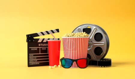Popcorn, 3D glasses, disposable cups of red cola, film reel and clapboard on a yellow background. Minimalist creative concept. Cinema, movie, entertainment concept. 3d render illustration