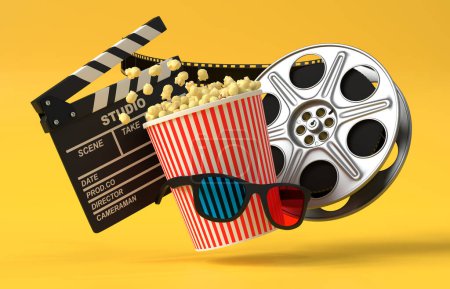 Téléchargez les photos : Popcorn volant, lunettes 3D, bobine de film et clapboard sur fond jaune. Concept créatif minimaliste. Cinéma, cinéma, concept de divertissement. Illustration de rendu 3D - en image libre de droit