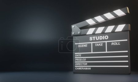 Foto de Clapperboard sobre fondo negro. Concepto creativo minimalista. Cine, cine, concepto de entretenimiento. ilustración de renderizado 3d - Imagen libre de derechos
