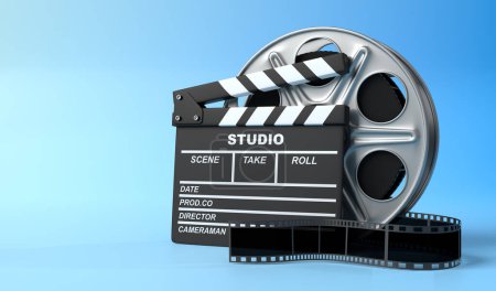 Film reel with clapperboard isolated on bright blue background in pastel colors. Minimalist creative concept. Cinema, movie, entertainment concept. 3d render illustration