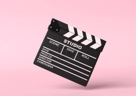 Foto de Lapperboard volador aislado sobre fondo rosa brillante en colores pastel. Concepto creativo minimalista. Cine, cine, concepto de entretenimiento. ilustración de renderizado 3d - Imagen libre de derechos