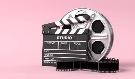 Foto de Carrete de película con clapperboard aislado sobre fondo rosa brillante en colores pastel. Concepto creativo minimalista. Cine, cine, concepto de entretenimiento. ilustración de renderizado 3d - Imagen libre de derechos