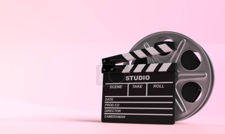 Photo for Film reel with clapperboard isolated on bright pink background in pastel colors. Minimalist creative concept. Cinema, movie, entertainment concept. 3d render illustration - Royalty Free Image