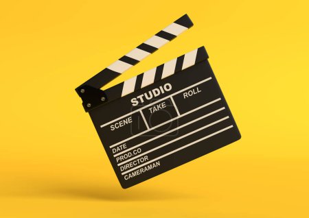 Fliegendes Lapperboard isoliert auf leuchtend gelbem Hintergrund in Pastellfarben. Minimalistisches kreatives Konzept. Kino, Film, Unterhaltungskonzept. 3D-Darstellung