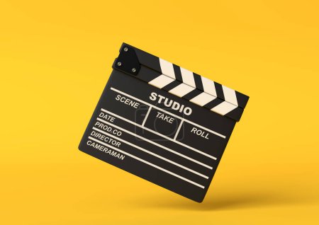 Fliegendes Lapperboard isoliert auf leuchtend gelbem Hintergrund in Pastellfarben. Minimalistisches kreatives Konzept. Kino, Film, Unterhaltungskonzept. 3D-Darstellung