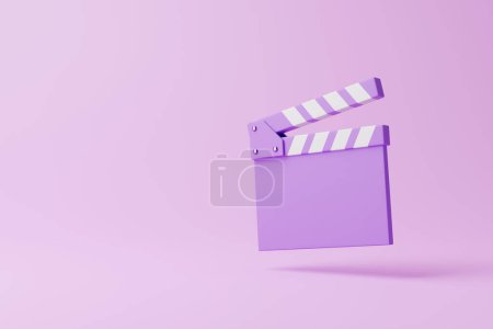Téléchargez les photos : Flying clapperboard sur fond violet. Concept créatif minimaliste. Cinéma, cinéma, concept de divertissement. Illustration de rendu 3D - en image libre de droit