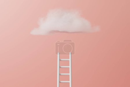 Foto de Escalera que conduce a una nube esponjosa sobre un fondo rosa pastel. Crecimiento, éxito empresarial, concepto de desarrollo. Composición creativa mínima. Ilustración de representación 3d - Imagen libre de derechos
