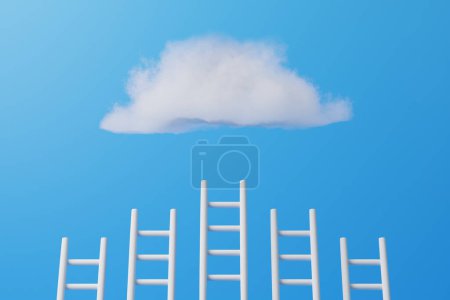 Téléchargez les photos : Échelles menant à un nuage pelucheux sur un fond bleu. Croissance, réussite commerciale, concept de développement. Composition créative minimale. Illustration de rendu 3d - en image libre de droit