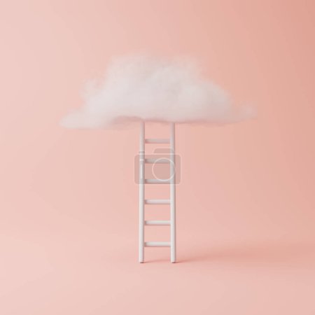 Téléchargez les photos : Echelle menant à un nuage moelleux sur un fond rose pastel. Croissance, réussite commerciale, concept de développement. Composition créative minimale. Illustration de rendu 3d - en image libre de droit