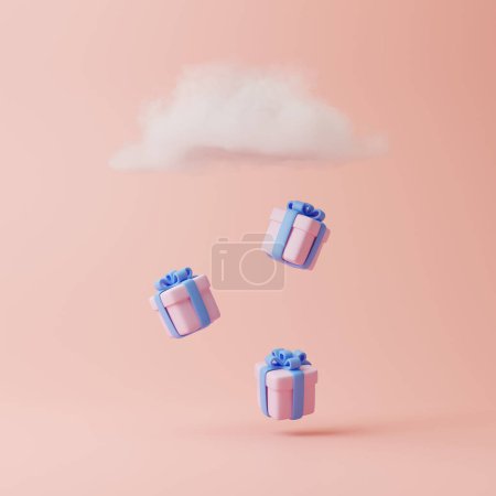 Foto de Nube con lluvia de cajas de regalo sobre un fondo rosa pastel. Composición creativa mínima. Ilustración de representación 3d - Imagen libre de derechos