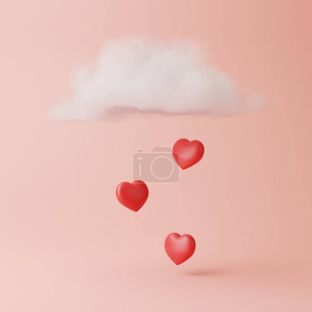 Téléchargez les photos : Nuage avec pluie de cœurs sur fond rose pastel. Composition créative minimale. Illustration de rendu 3d - en image libre de droit