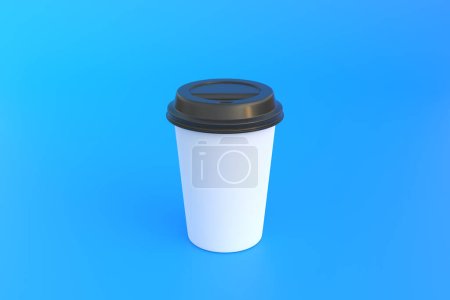 Téléchargez les photos : Tasse à café jetable en papier avec couvercle noir sur fond bleu. Concept minimal. rendu 3D Illustration 3D - en image libre de droit